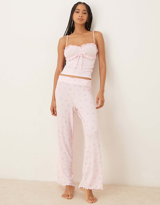 Rib Frill Cami And Floral Bow Pant Set