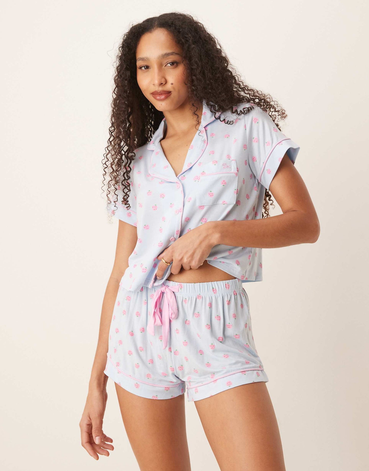 Strawberry Modal Short Sleeve Revere And Short Set