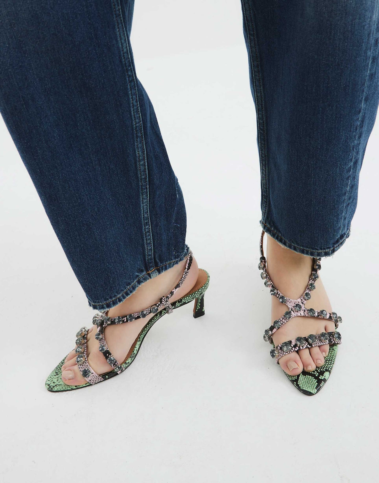 Snake Print Gem Stone Heeled Sandals