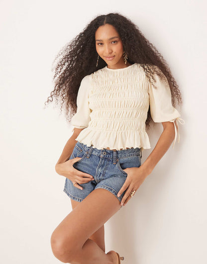 Gathered Sleeve And Waist Shirred Top