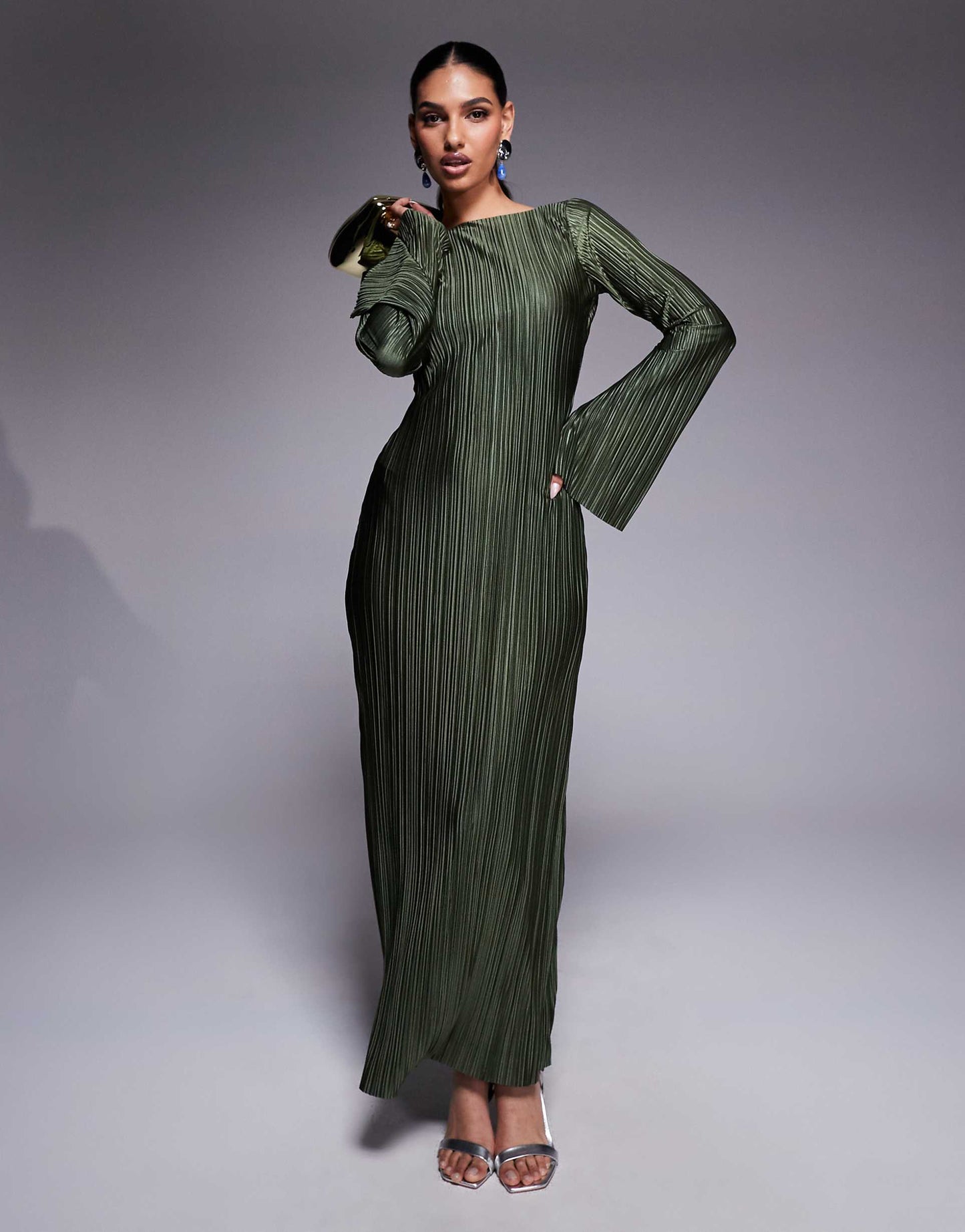 Low Back Plisse Maxi Dress With Angel Sleeves