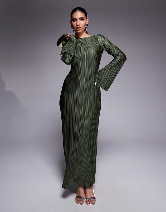 Low Back Plisse Maxi Dress With Angel Sleeves