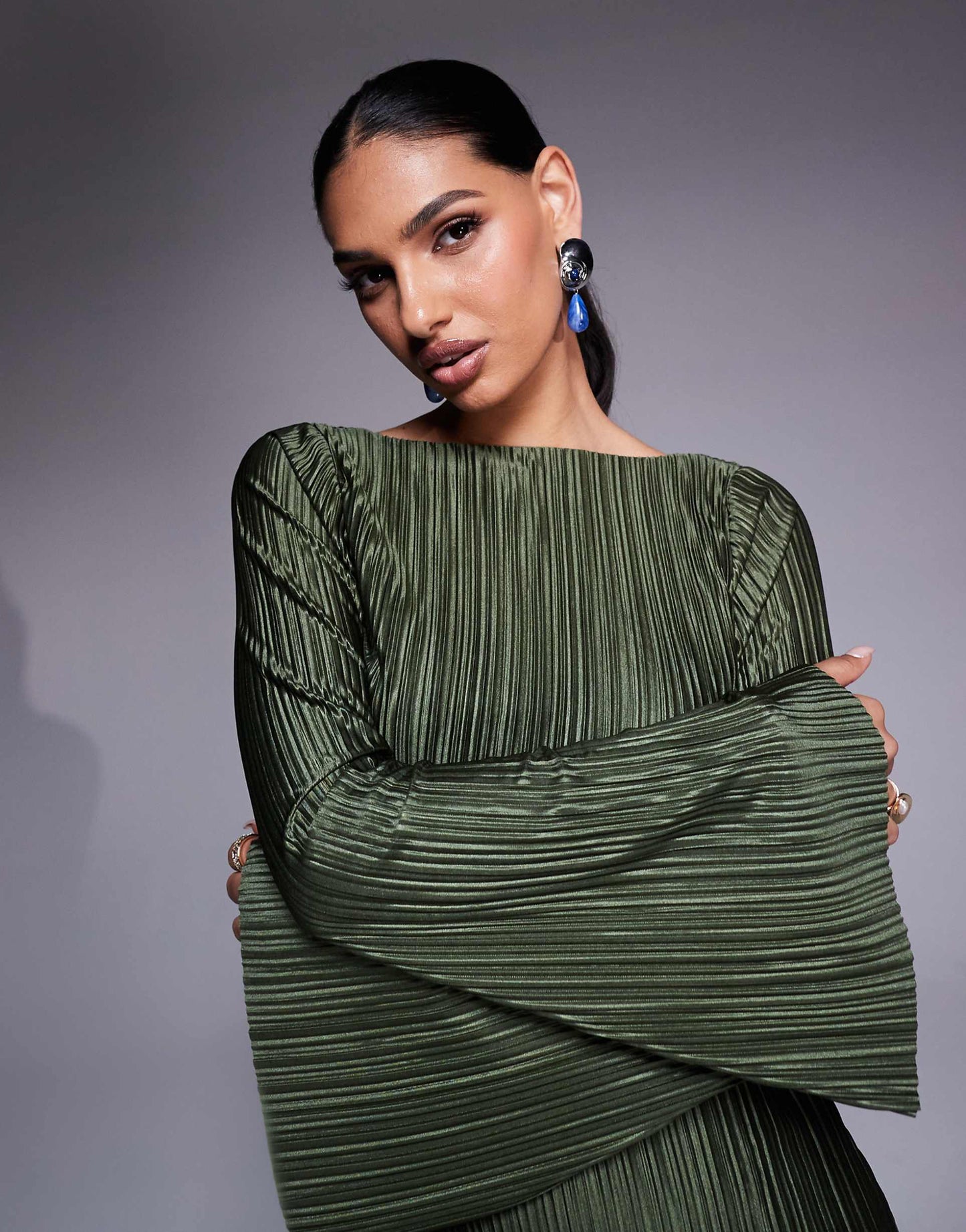 Low Back Plisse Maxi Dress With Angel Sleeves