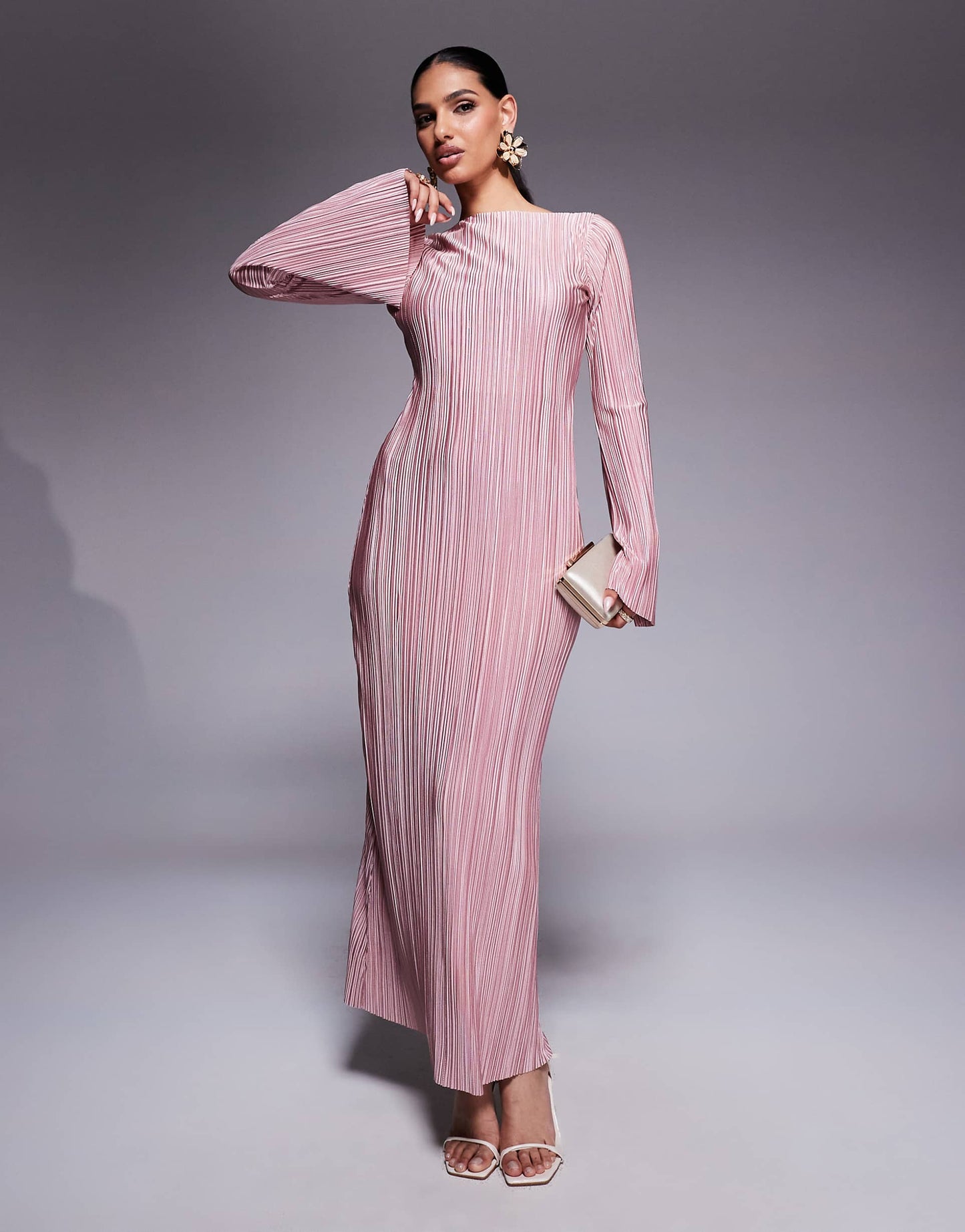 Low Back Plisse Maxi Dress With Angel Sleeves
