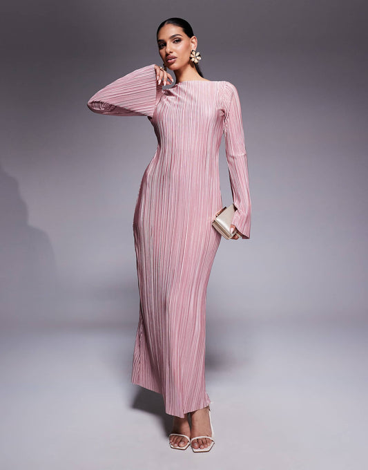 Low Back Plisse Maxi Dress With Angel Sleeves