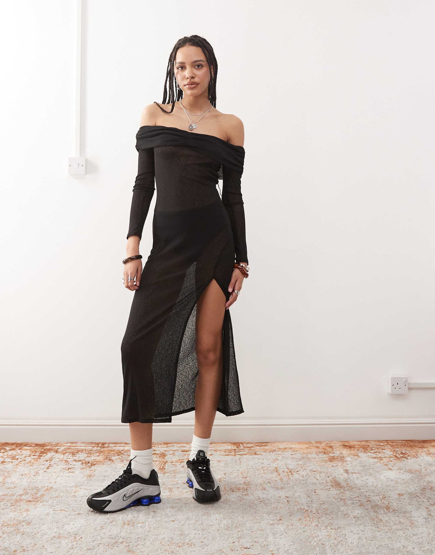 Off Shoulder Sheer Maxi Dress