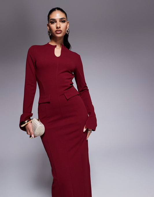 Scuba Long Sleeve Midi Dress With Pocket Detail