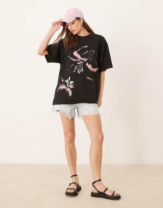 Oversized T-Shirt With Bleach Floral Print