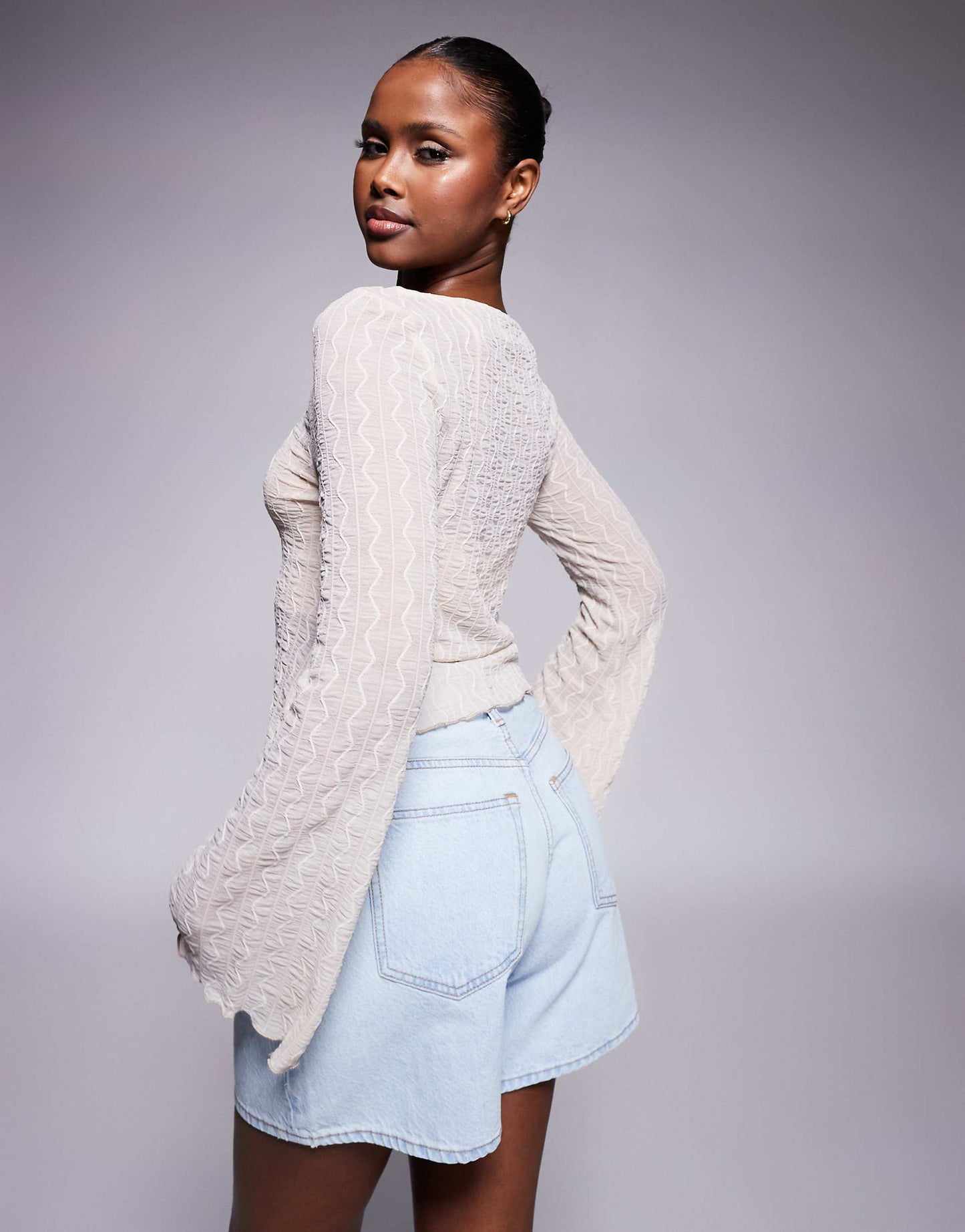 Textured Lace Tie Side Top With Flare Sleeve