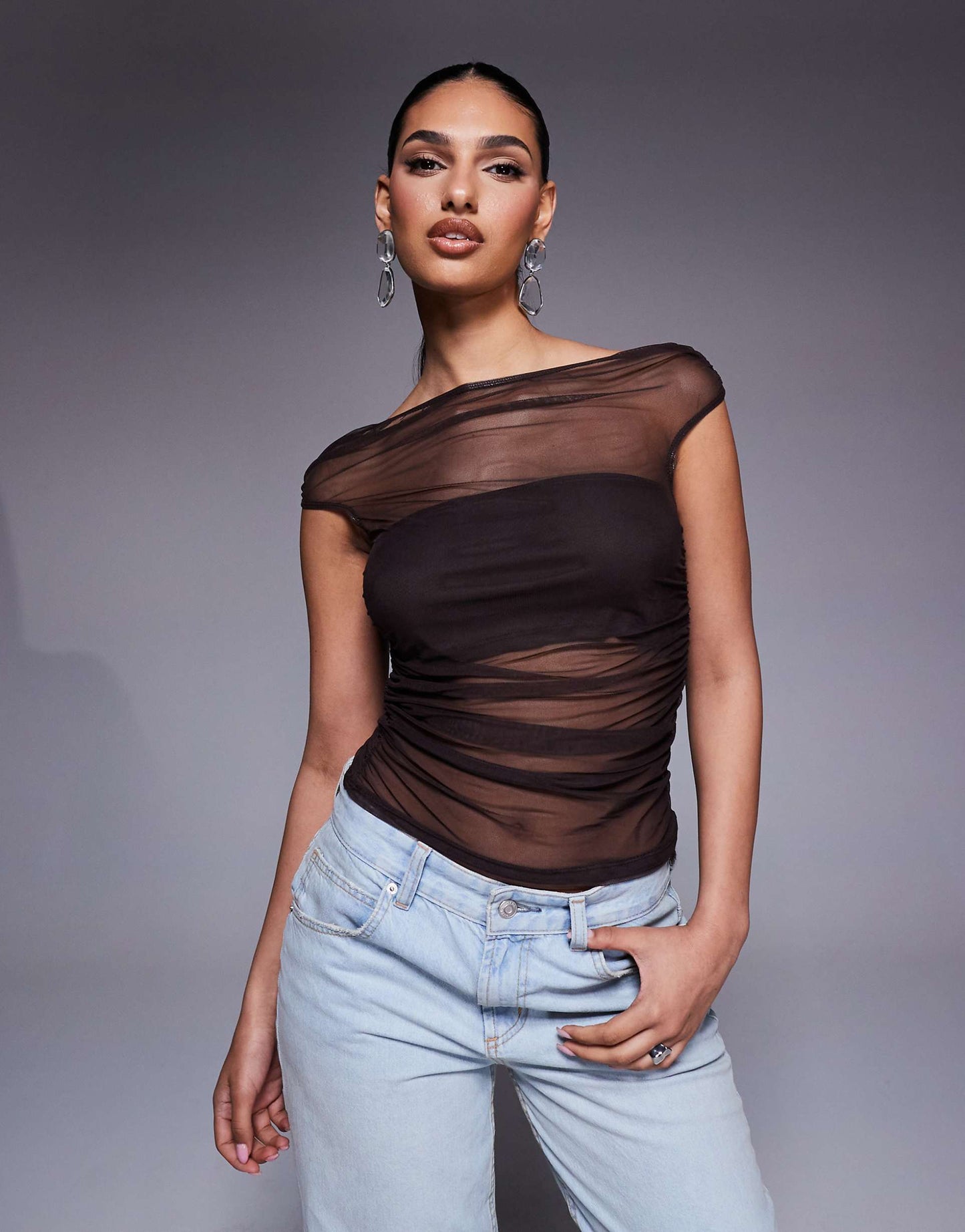 Gathered Short Sleeve Off Shoulder Mesh Top