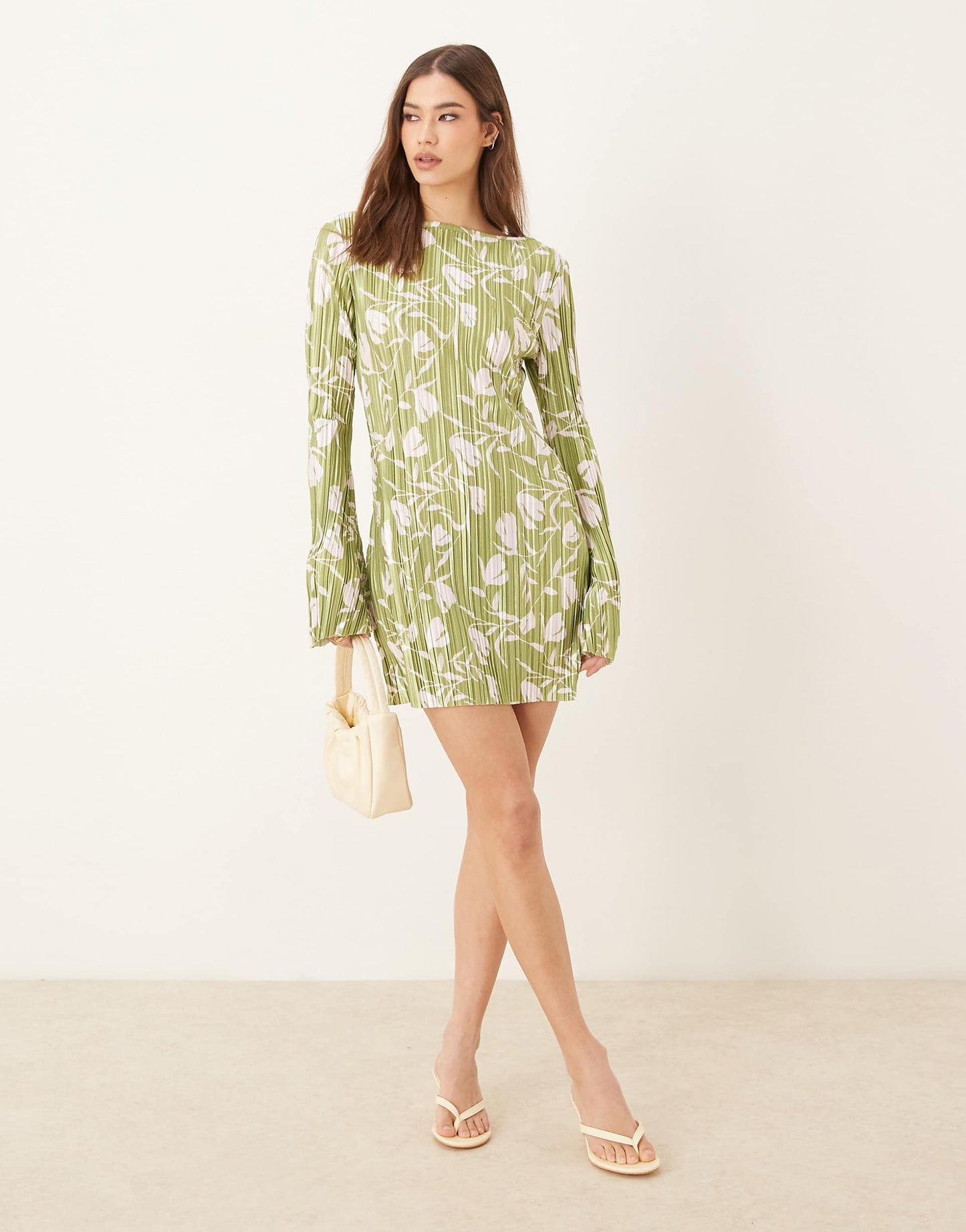 Long Angel Sleeve Plisse Mini Dress