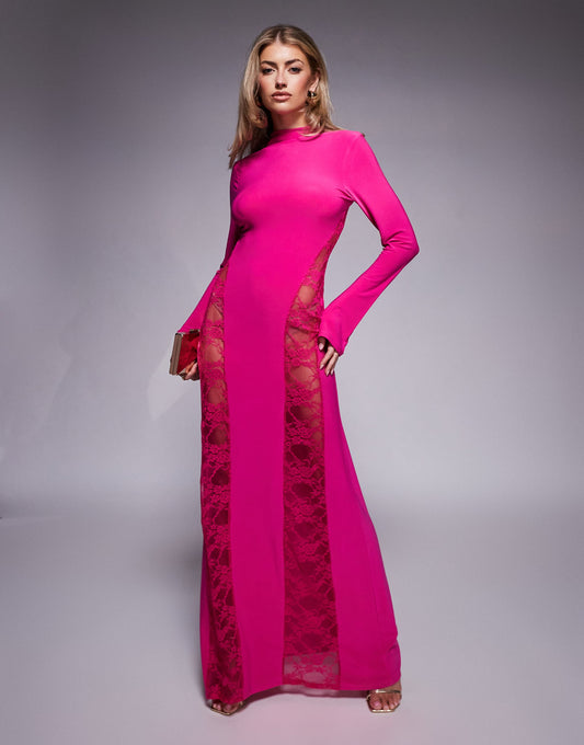 Long Sleeve High Neck Maxi Dress With Seamed Lace Panels