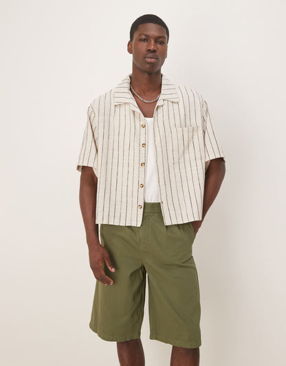 Oversize Boxy Shirt With Ecru And Dark Green Stripe
