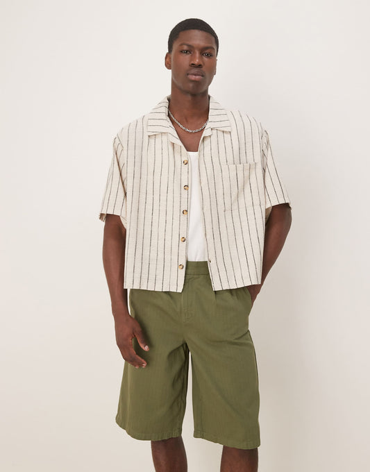 Oversize Boxy Shirt With Ecru And Dark Green Stripe