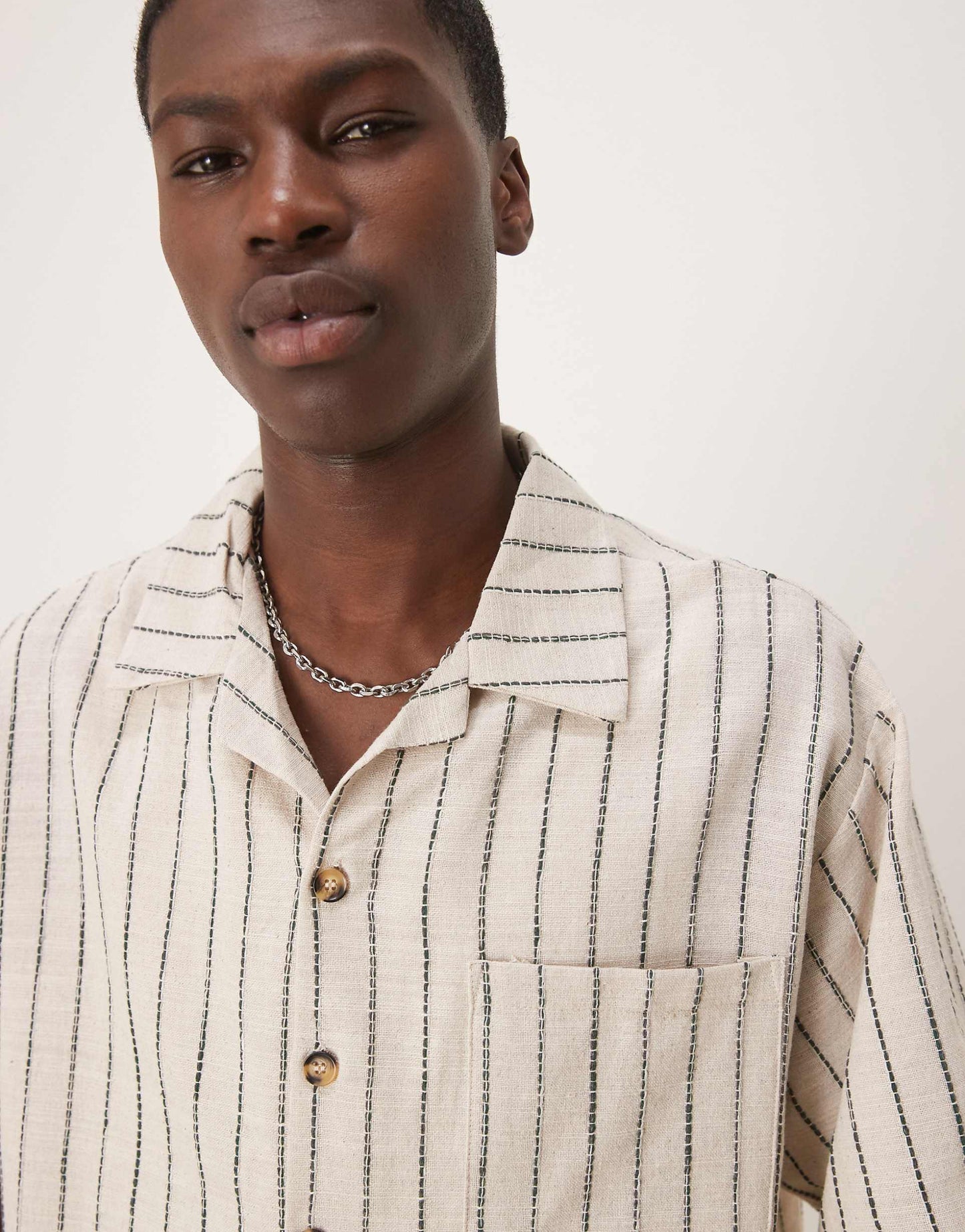 Oversize Boxy Shirt With Ecru And Dark Green Stripe