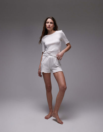 Pointelle Pyjama T-Shirt Co-Ord With Frill Sleeve