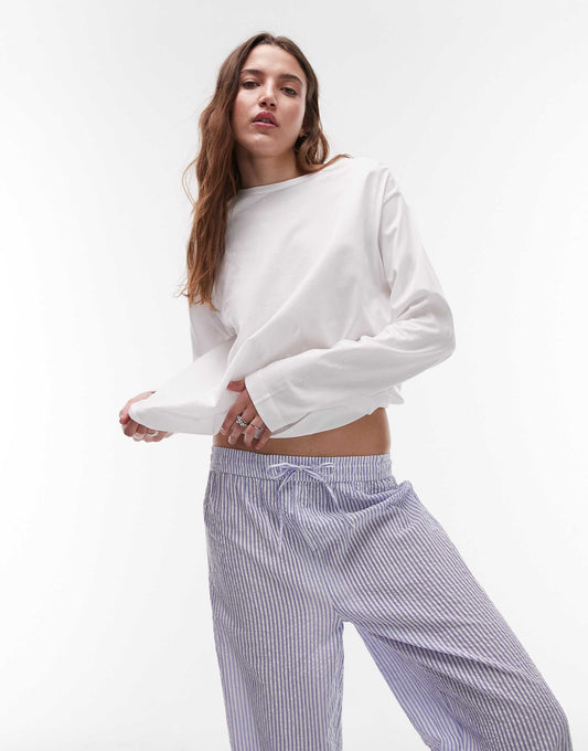 Cotton Long Sleeve Top And Seersucker Trouser Pyjama Set