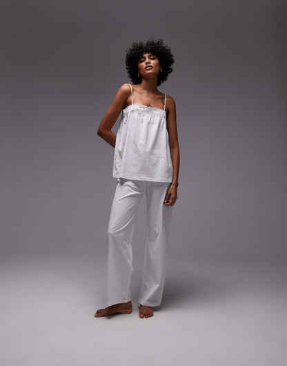 Mix & Match Cotton Wide Leg Pyjama Trouser With Lace Trim