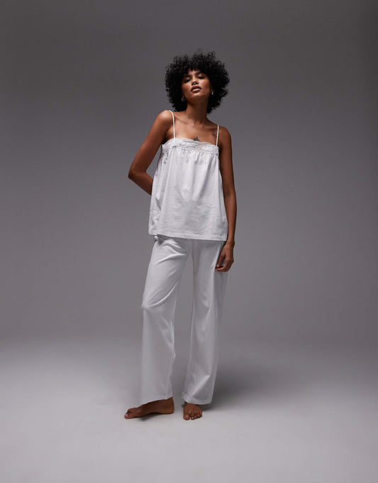 Mix & Match Cotton Wide Leg Pyjama Trouser With Lace Trim