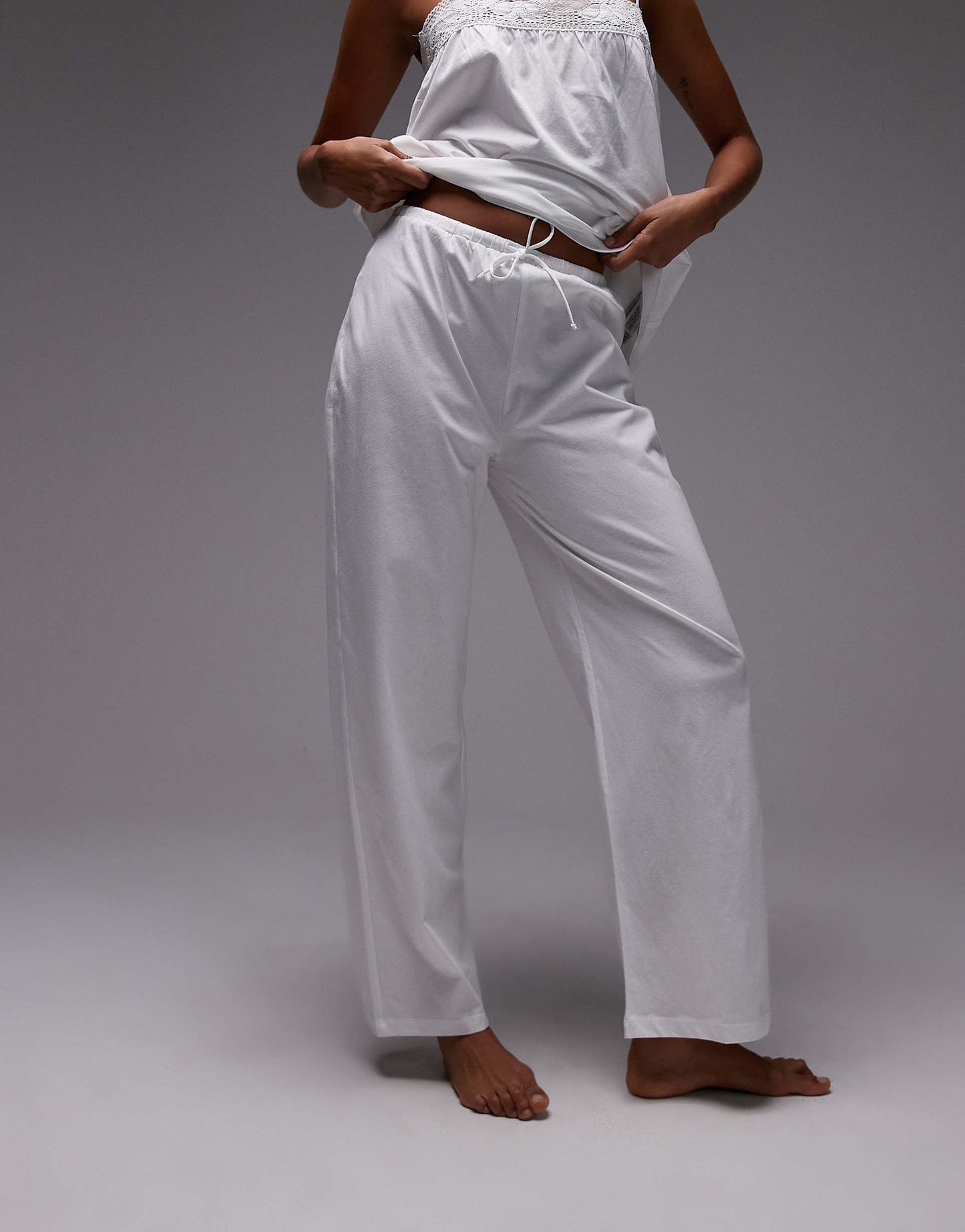 Mix & Match Cotton Wide Leg Pyjama Trouser With Lace Trim