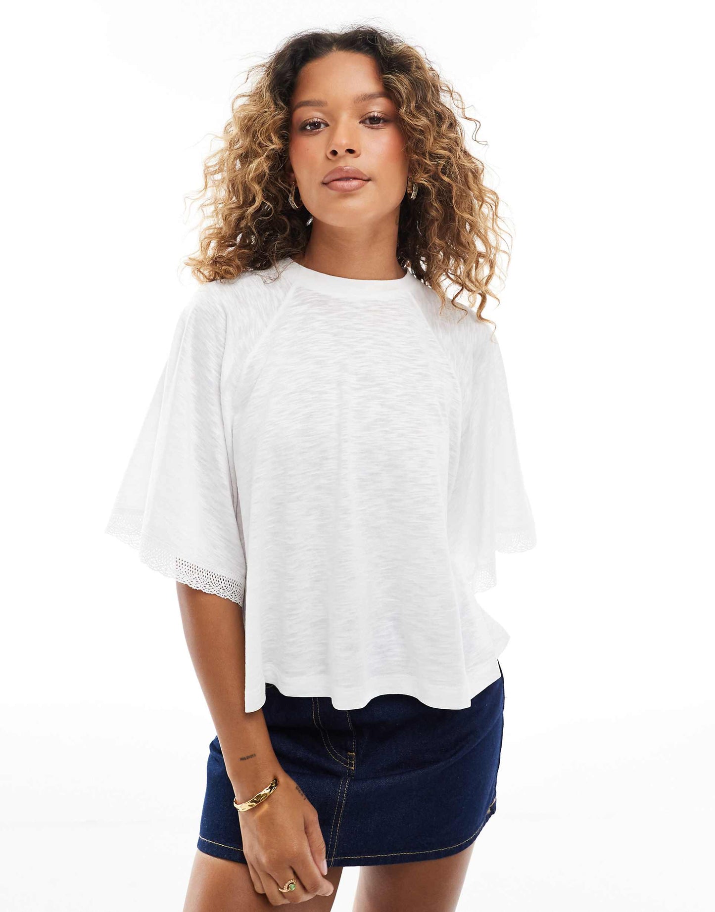 Broderie Lace Trim Wide Crop T-Shirt