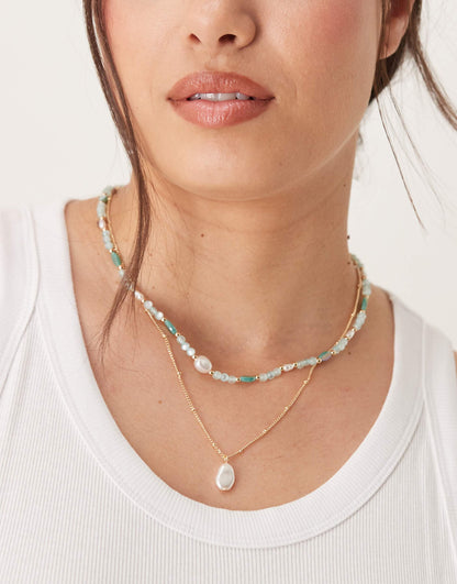 Curve Multi-Row Necklace With Beads And Faux Pearl Pendants
