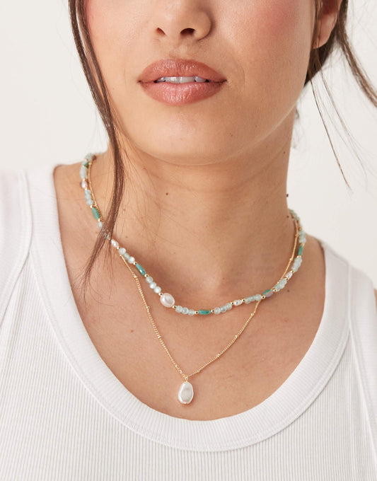 Curve Multi-Row Necklace With Beads And Faux Pearl Pendants