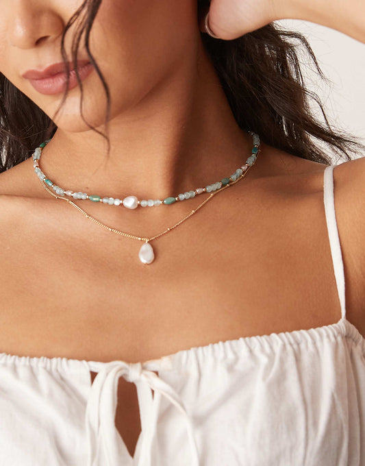 Multi-Row Necklace With Beads And Faux Pearl Pendants