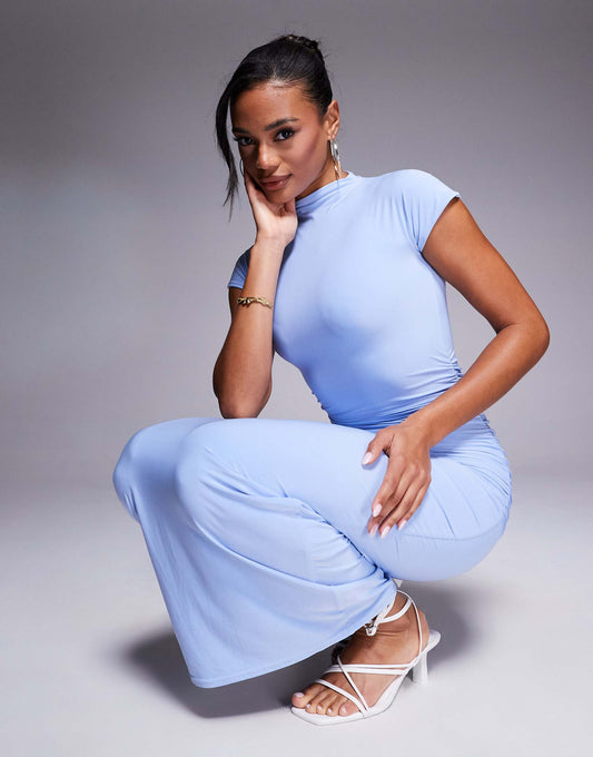 Exclusive Slinky High Neck Cap Sleeve Bodycon Maxi Dress