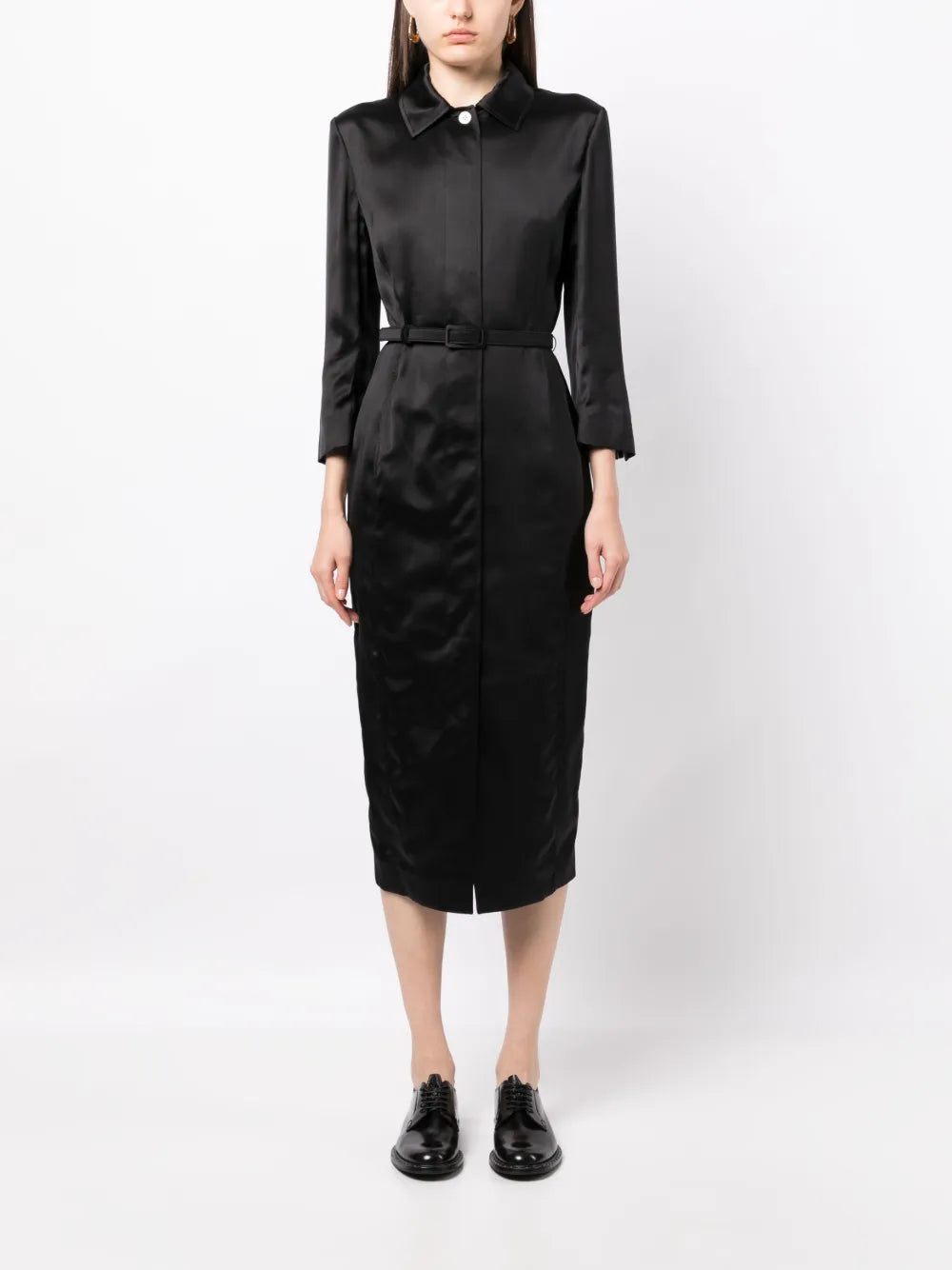 Belted-Waist Satin Shirtdress