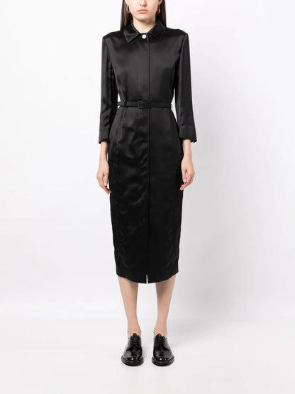 Belted-Waist Satin Shirtdress