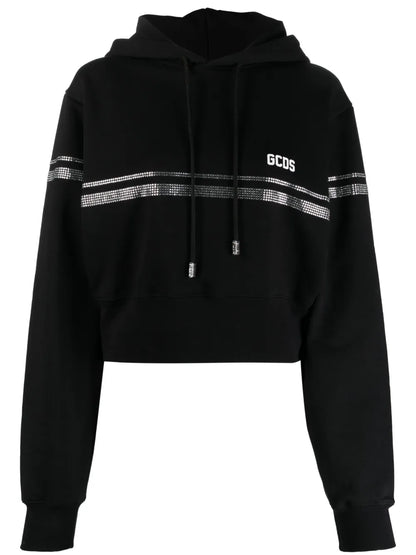 Crystal-Embellished Cropped Cotton Hoodie