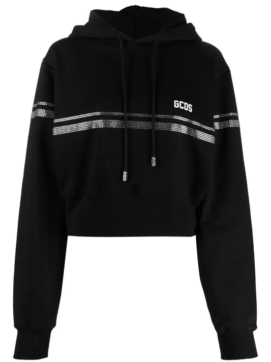 Crystal-Embellished Cropped Cotton Hoodie