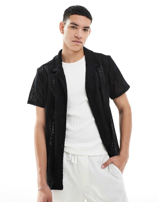 Open Knit Textured Short Sleeve Shirt