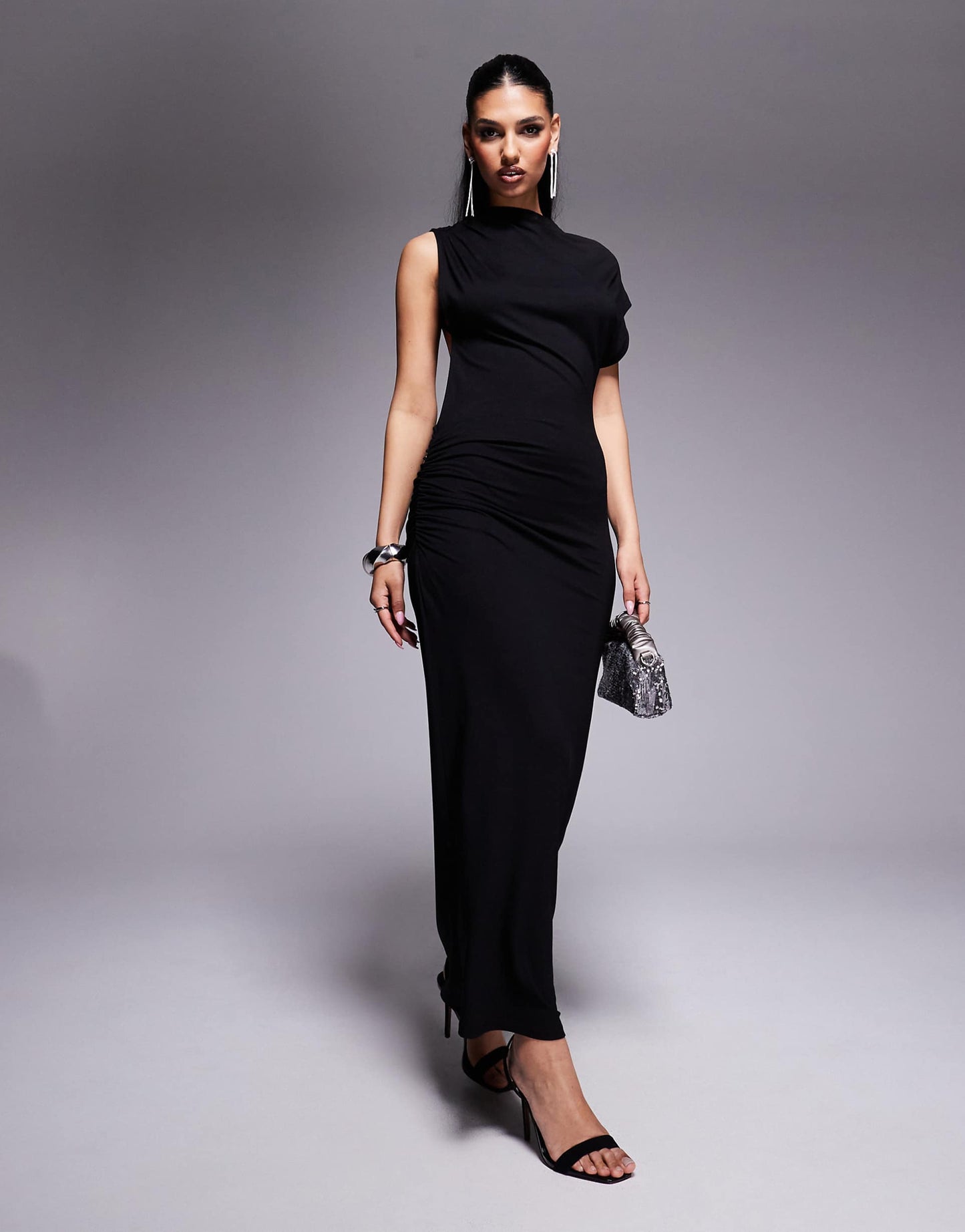 Fallen Shoulder With Ruching Maxi Dress