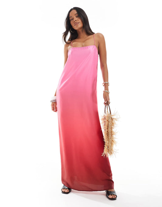 Square Neck Cami Satin Maxi Slip Dress