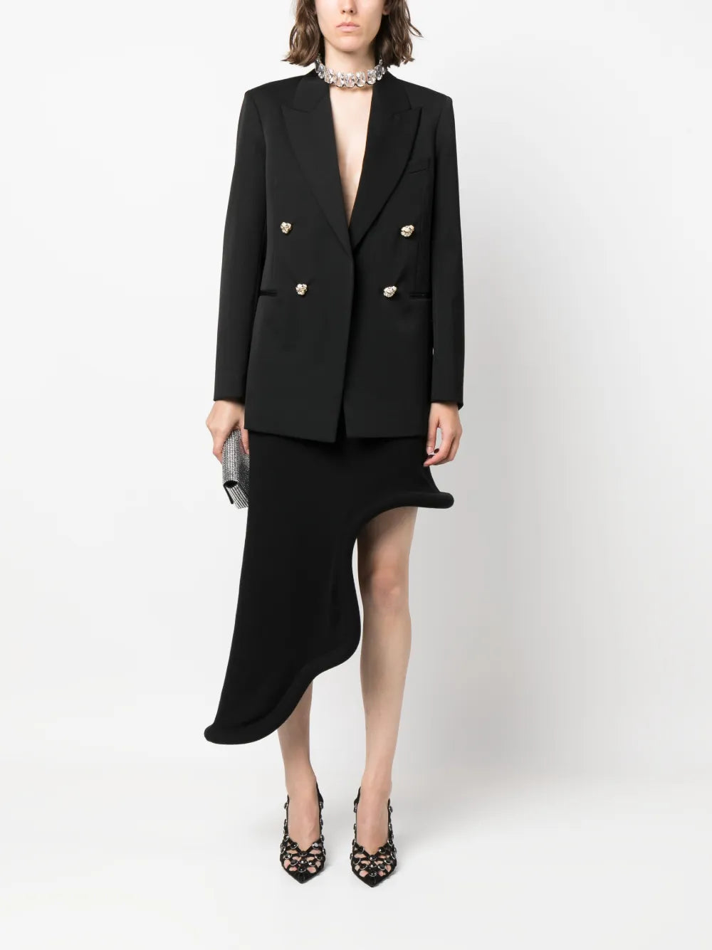Jewel-Buttons Open-Front Blazer