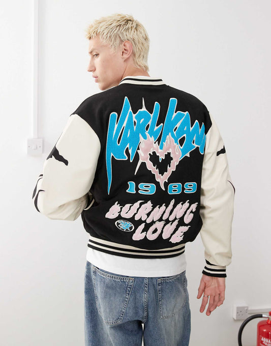 Amor Flames Graphic Logo Varsity Jacket With Back Print