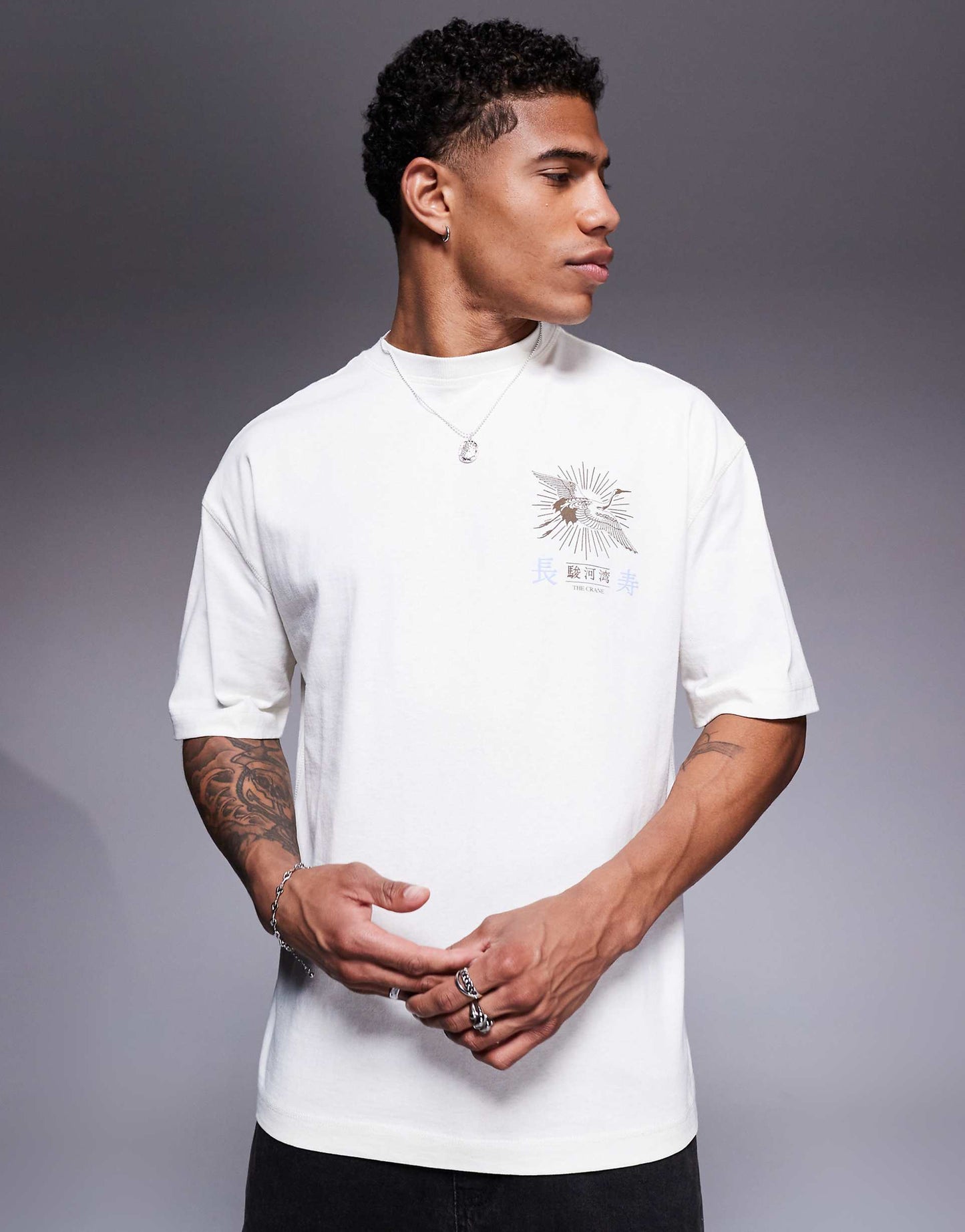 Oversized T-Shirt With Japanese Crane Graphic