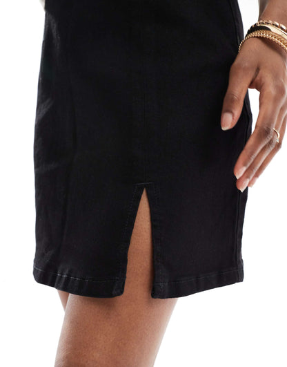 Stretch Denim Mini Skirt With Notch Front