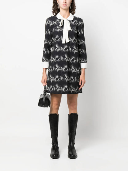Star-Print Pussy-Bow Minidress