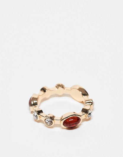 Ring With Amber Stone And Crystal Design