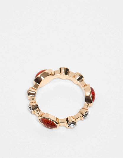 Ring With Amber Stone And Crystal Design