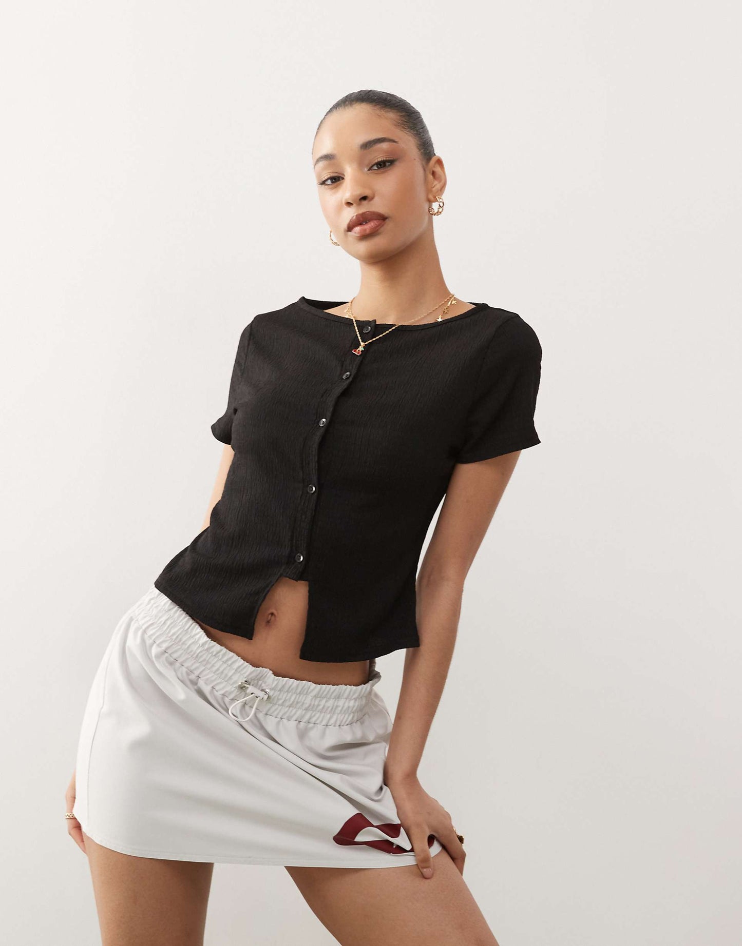 Textured Slash Neck Button Through Top