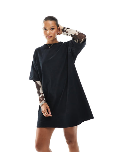 2 in 1 T-Shirt Mini Dress With Cow Print Sleeves