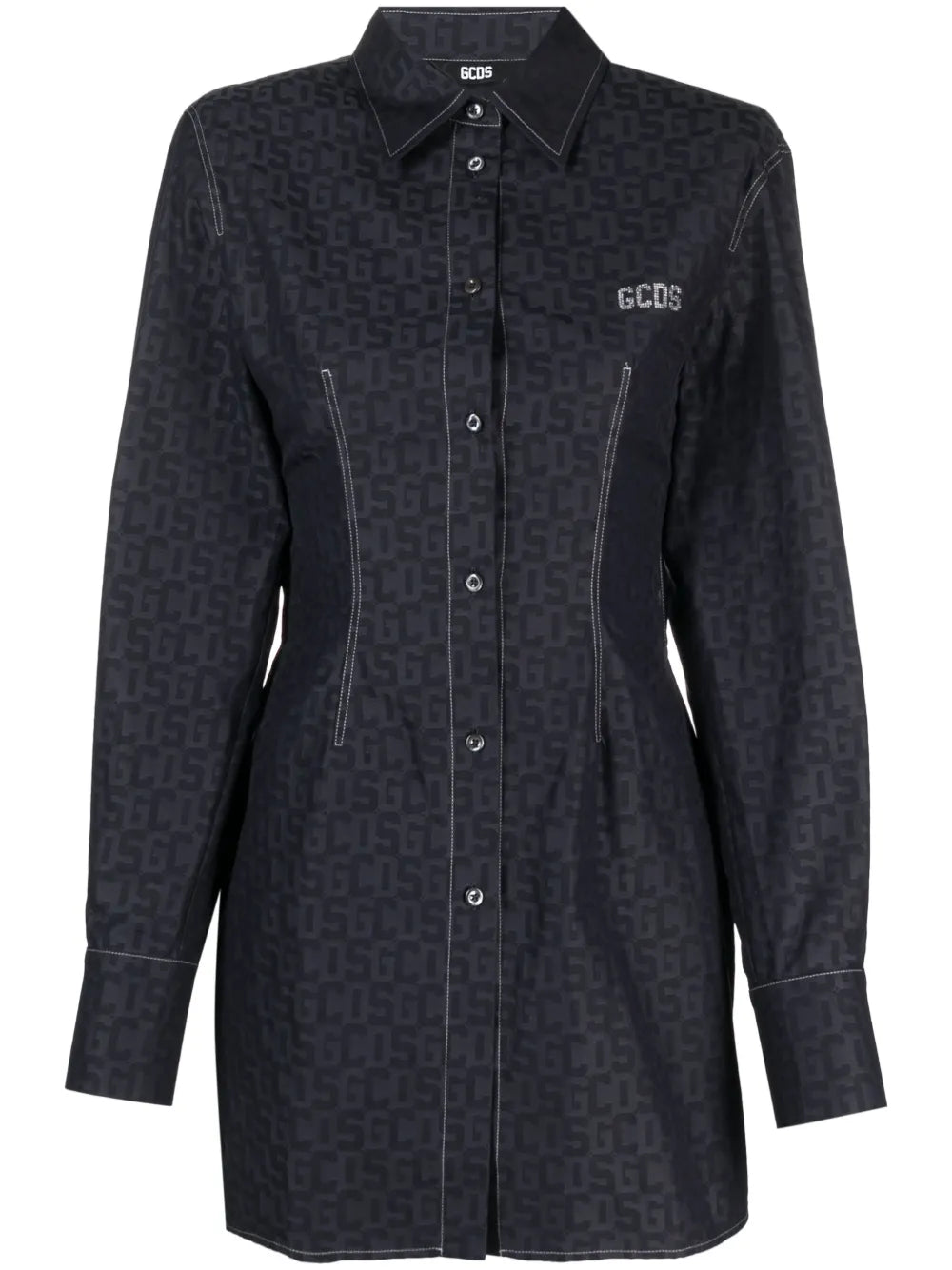 Monogram-Pattern Rhinestone-Logo Shirtdress
