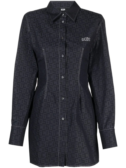 Monogram-Pattern Rhinestone-Logo Shirtdress