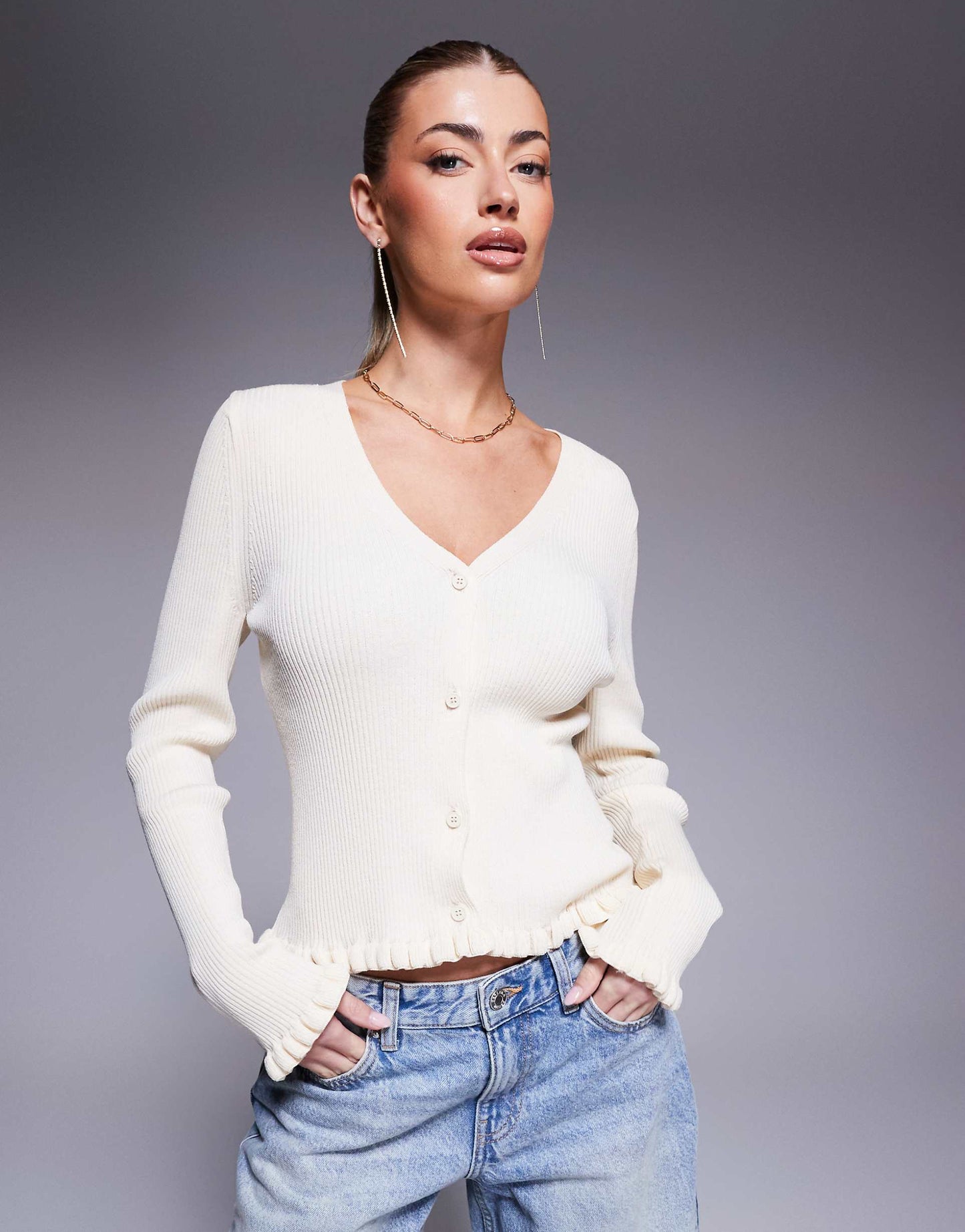 Neat Fit Cardigan With Frilled Hems