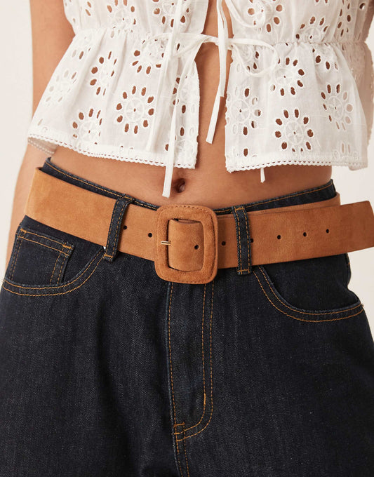 Suede Waist And Hip Jeans Belt With Covered Buckle