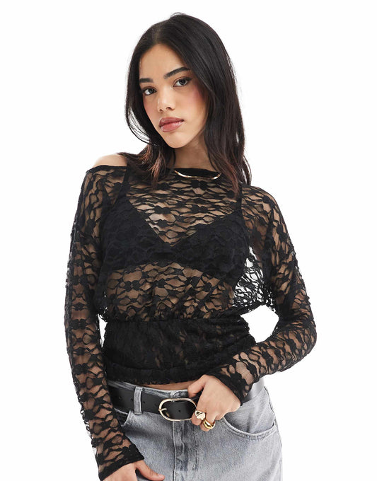 Lace Asymmetric One Shoulder Long Sleeve Top With Cinch Waist Detail